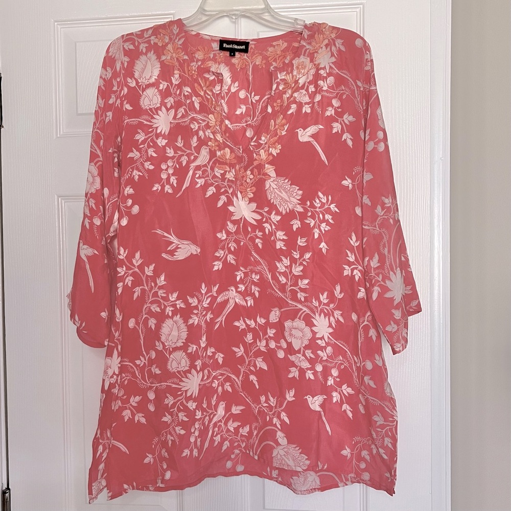 Silk Floral Tunic 8 Dusty Rose/Pink Embroidered Collar Costal Boho Resort Wear